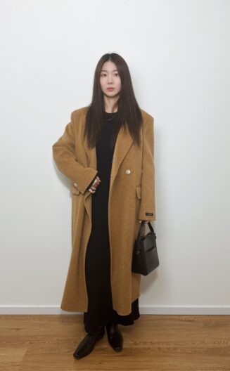 Knee-Length Wool Blazer-Collar Coat Camel