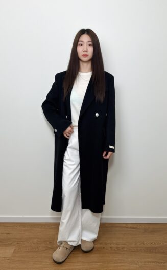 Knee-Length Wool Blazer-Collar Coat Black